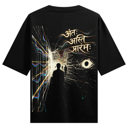 अंतः अस्ति प्रारंभः — back-view black T-shirt design mockup