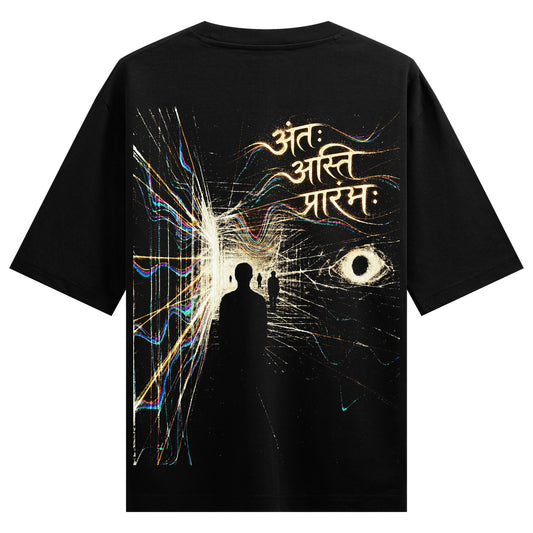 अंतः अस्ति प्रारंभः — back-view black T-shirt design mockup