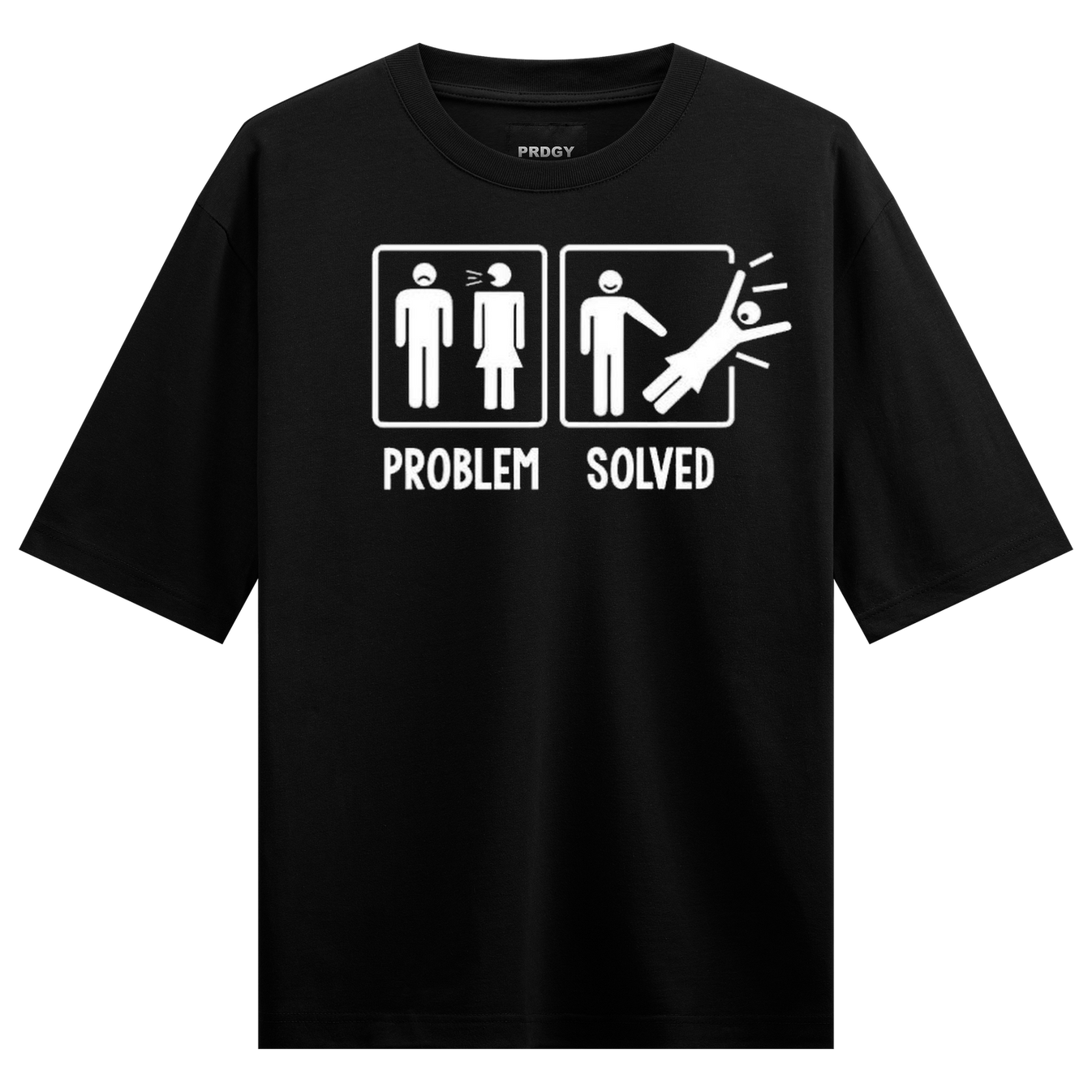 A black t-shirt with a white graphic showing two panels the first with two arguing stick figures the second with one figur...