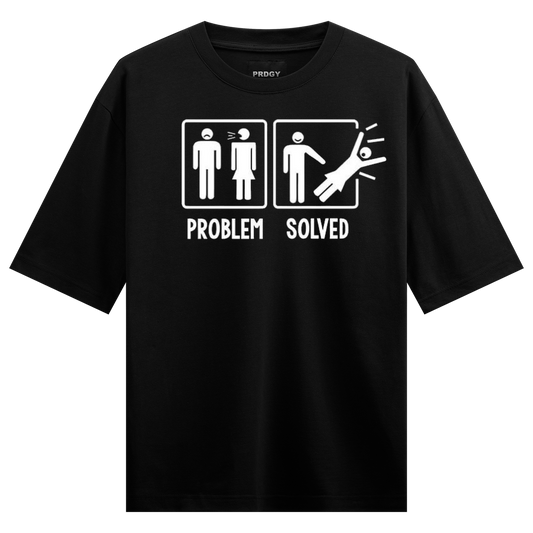 A black t-shirt with a white graphic showing two panels the first with two arguing stick figures the second with one figur...