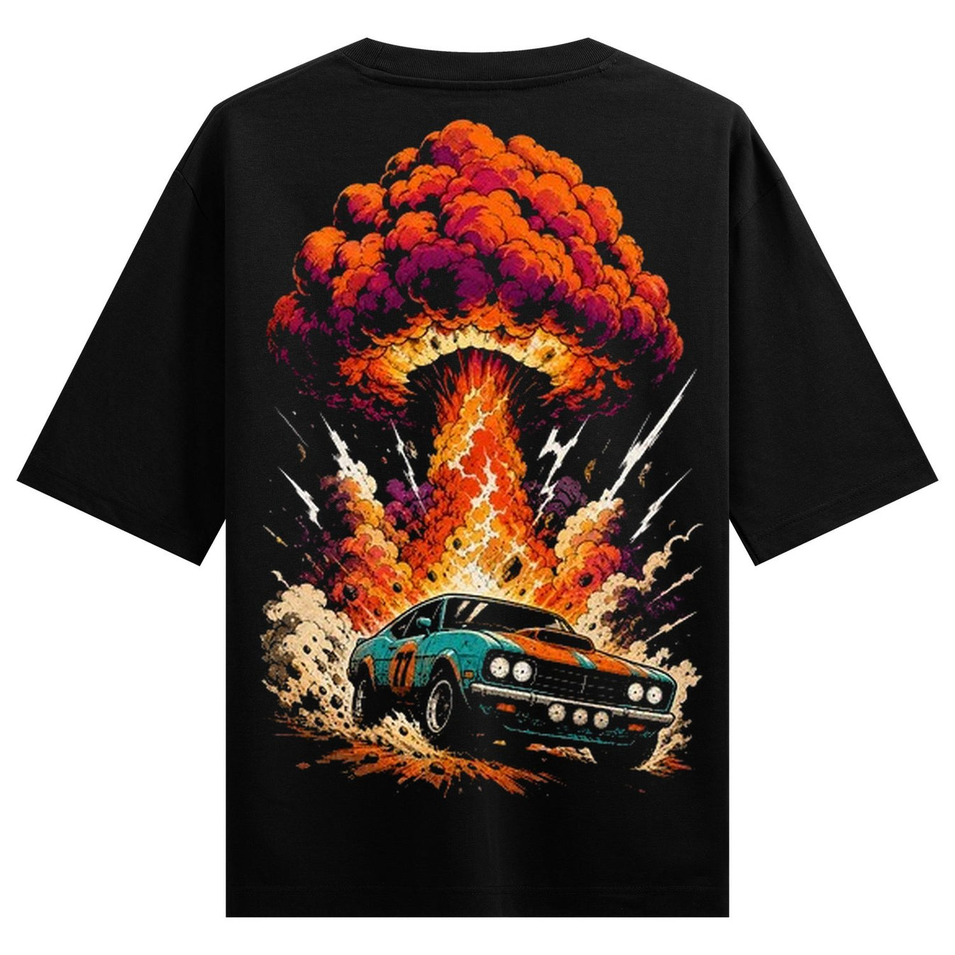 A teal and orange vintage muscle car with racing stripes drives through dust and debris away from a large vibrant nuclear...