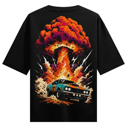 A teal and orange vintage muscle car with racing stripes drives through dust and debris away from a large vibrant nuclear...