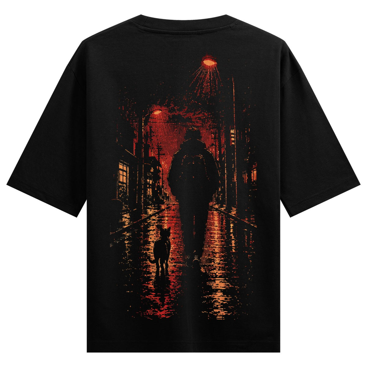 Night Walker Oversized T-Shirt — a dark graphic depicts a silhouette of a person and a dog walking on a wet street