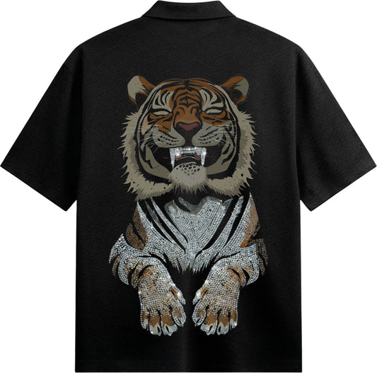A black half shirt features a detailed tiger face with closed eyes open mouth showing fangs and paws all adorned with spar...