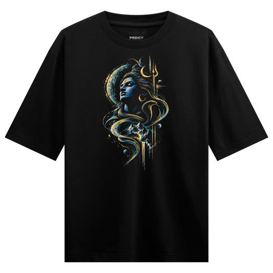 A god with blue skin and flowing hair surrounded by celestial elements like the moon and stars on PRDGY oversized t-shirt