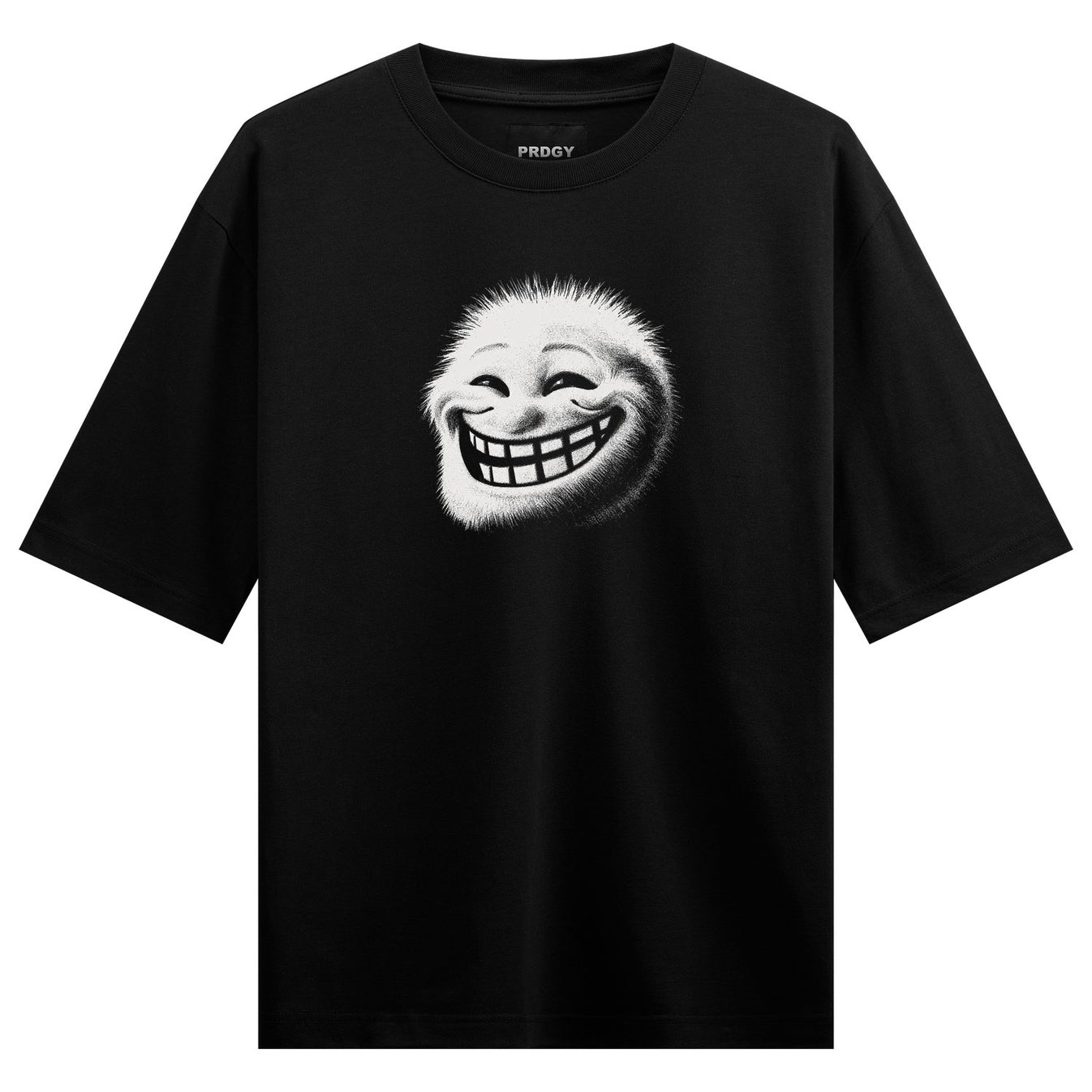 A black t-shirt features a hyper-realistic furry white troll face with a wide grin and sharp teeth centered on the chest o...