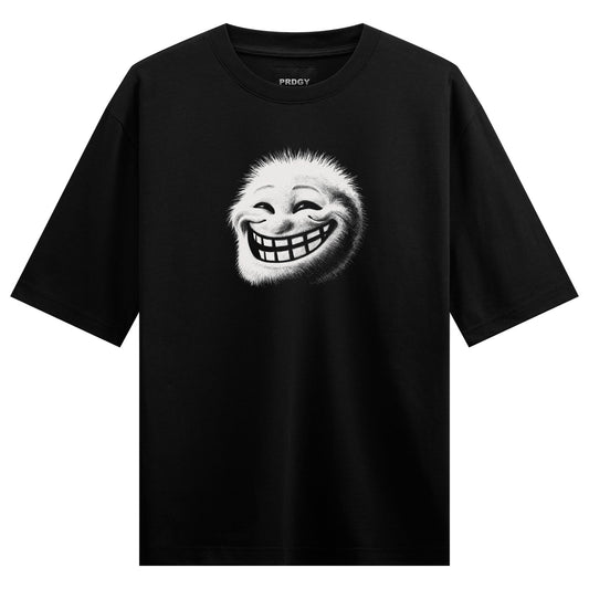 A black t-shirt features a hyper-realistic furry white troll face with a wide grin and sharp teeth centered on the chest o...