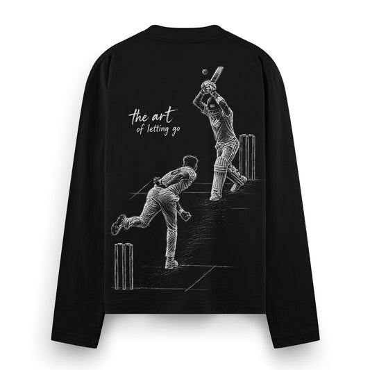 Art of Letting Go Full Sleeve T-Shirt by PRDGY — Illustration of a cricket player with a motivational quote, motivational