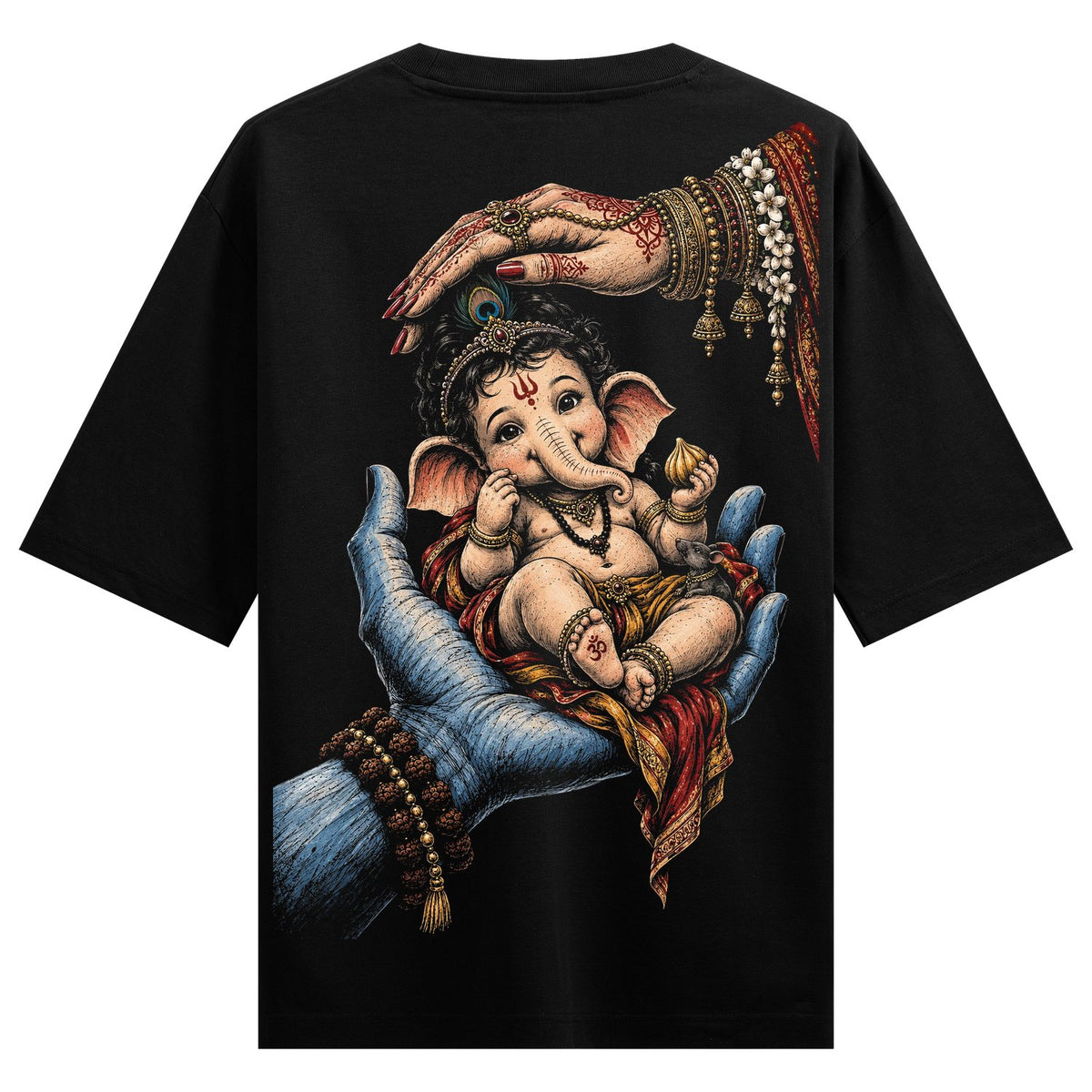 A baby Ganesha sits in a large blue hand with a woman s henna-adorned hand above all on a black t-shirt on PRDGY oversized...