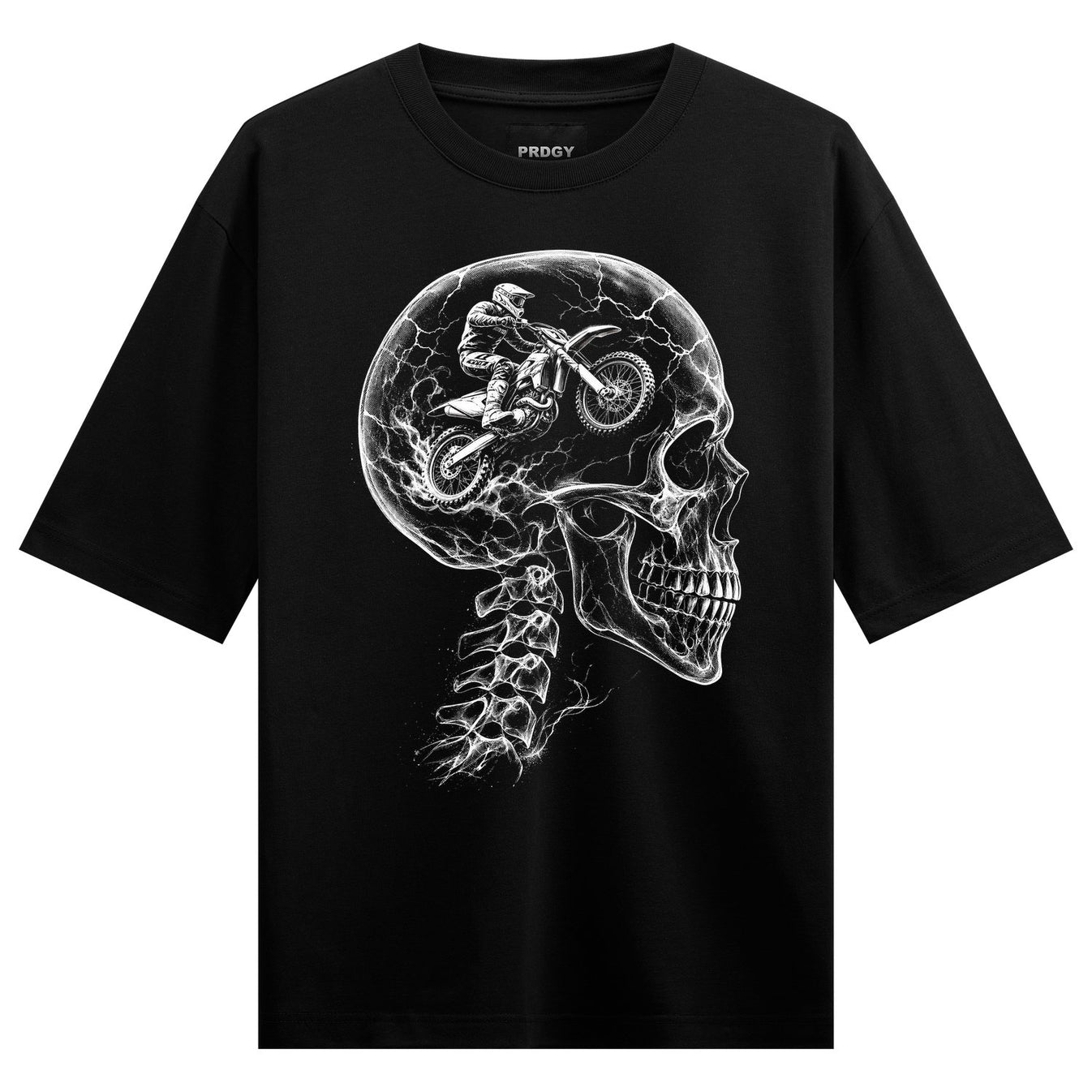A white linework illustration of a motorcycle rider inside a cracked skull with lightning details on a black t-shirt on PR...