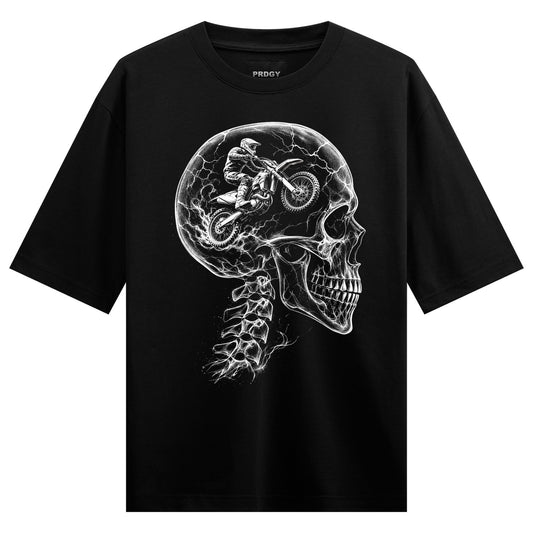 A white linework illustration of a motorcycle rider inside a cracked skull with lightning details on a black t-shirt on PR...