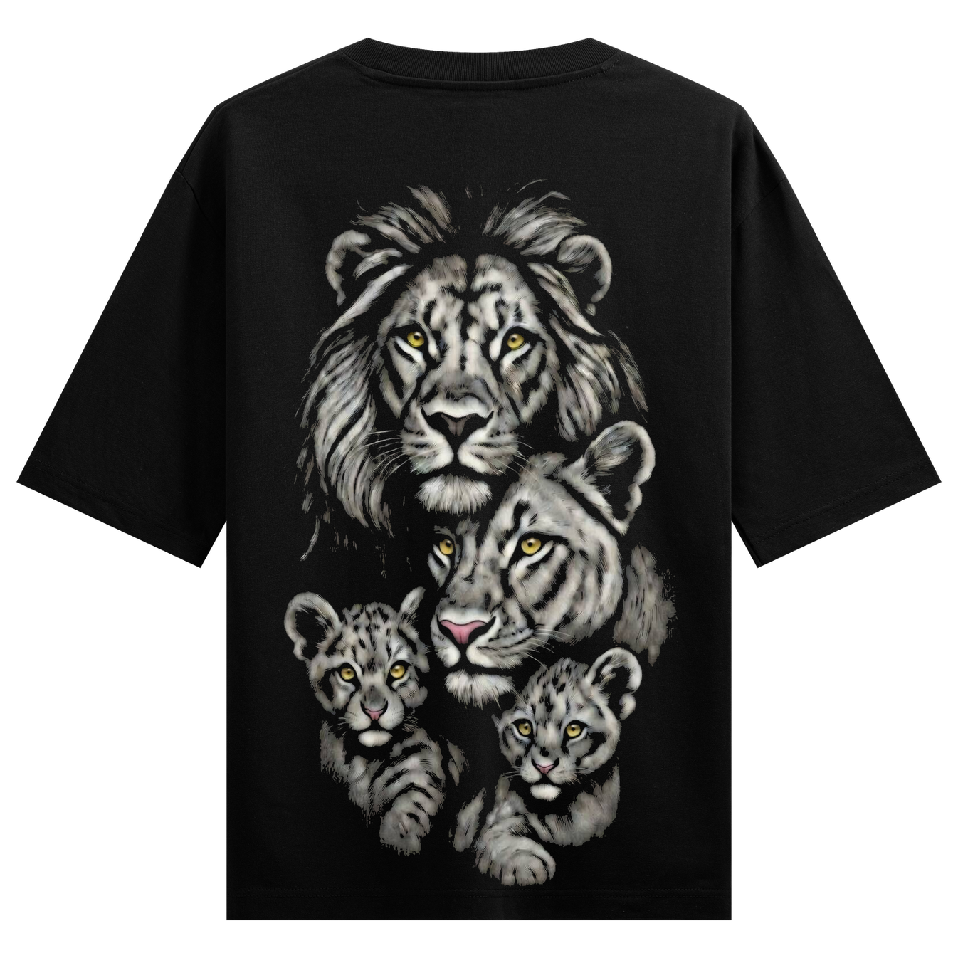 The Family Men Oversized T-Shirt by PRDGY — striking monochrome illustration of a lion family, animal design.
