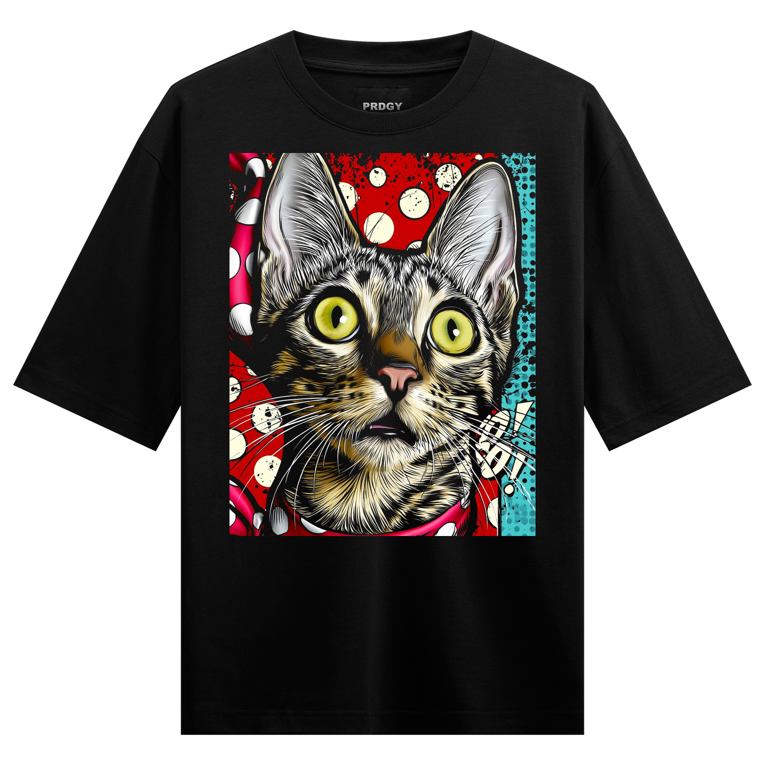 Overloaded T-Shirt by PRDGY — vibrant pop art comic of a cat, pop art design