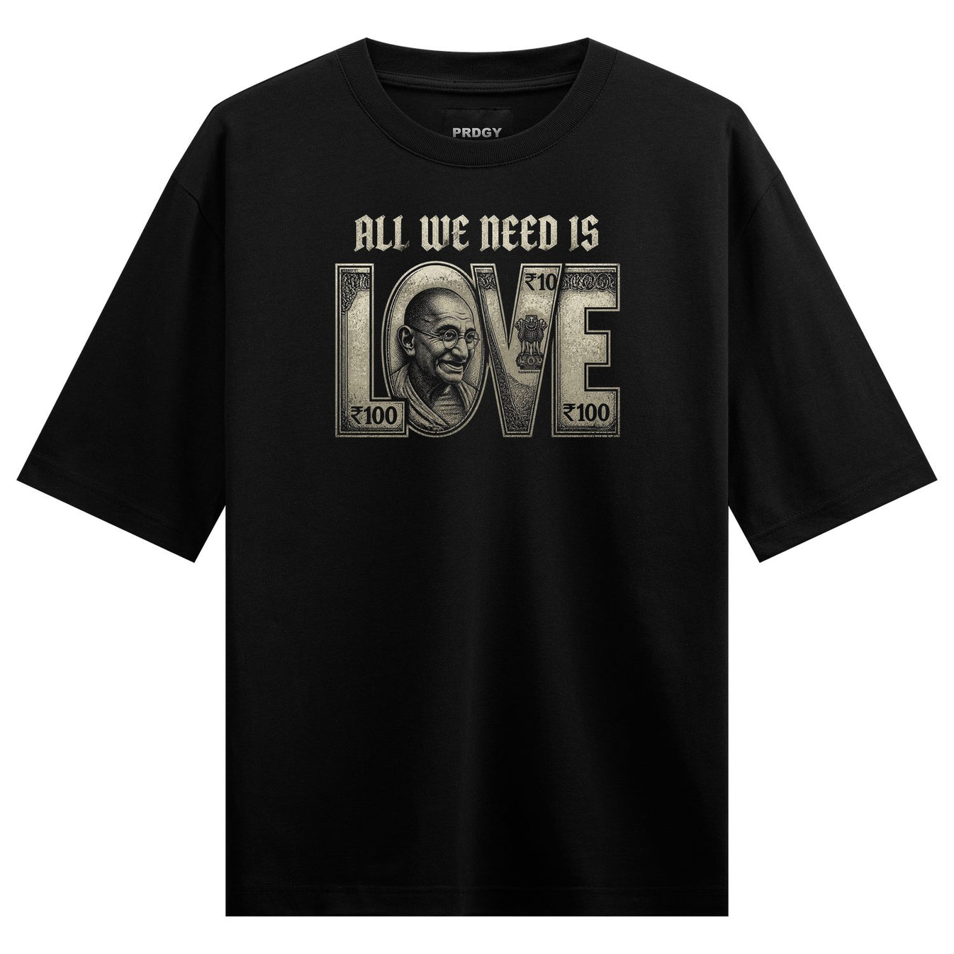 Money Love Oversized T-Shirt by PRDGY — bold grey typography with Mahatma Gandhi's portrait, streetwear design