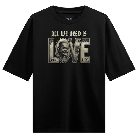 Money Love Oversized T-Shirt by PRDGY — bold grey typography with Mahatma Gandhi's portrait, streetwear design
