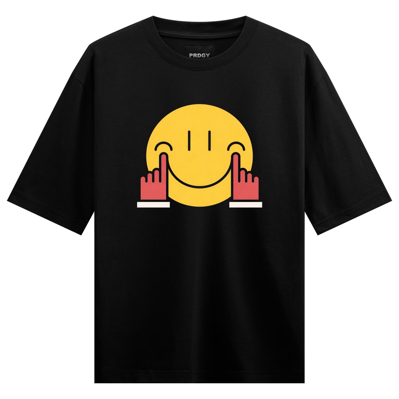 Victory Vibes Oversized T-Shirt by PRDGY — Cheerful smiley face with peace signs, spiritual design