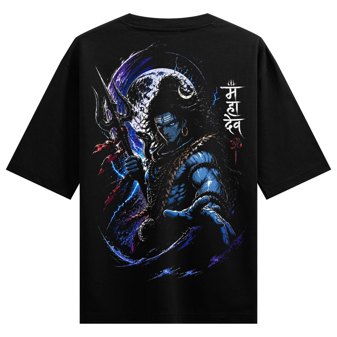 A blue-skinned Lord Shiva with a third eye and trident is depicted against a dark cosmic background with a large moon and...