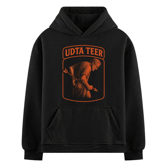 Aadat Se Majboor  Oversized Hoodie — a vintage-style illustration of a man with an arrow through his back, set within an orange oval