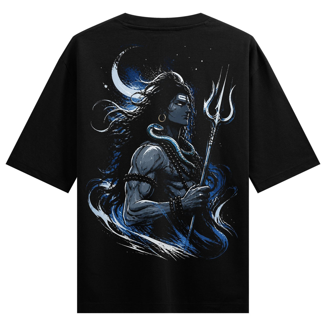 A dark t-shirt features a back print of Lord Shiva with a crescent moon snake and trident rendered in shades of blue and w...