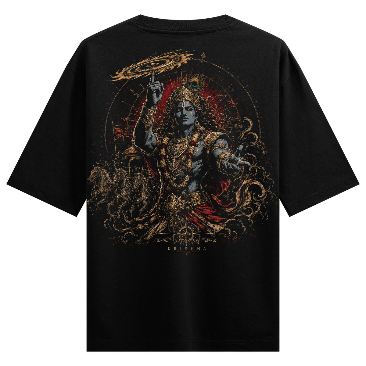 A dark t-shirt back print features Lord Krishna with blue skin golden armor holding a glowing chakram above his head surro...