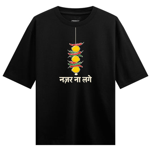 A black t-shirt features a vertical design of lemons and red chili peppers strung together with a thin string with Hindi t...