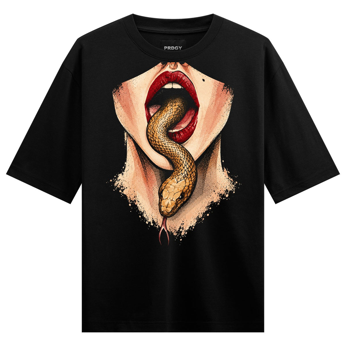 Snake Kiss Oversized T-Shirt — a golden snake with red tongue emerging from red lips with cream splatter effect around