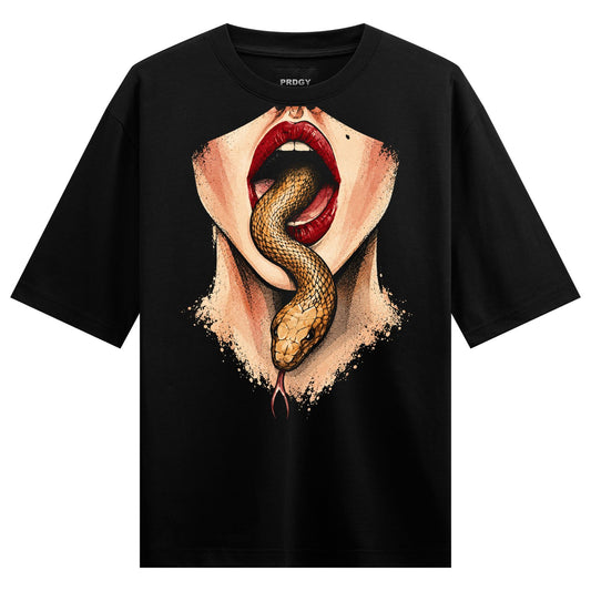 Snake Kiss Oversized T-Shirt — a golden snake with red tongue emerging from red lips with cream splatter effect around