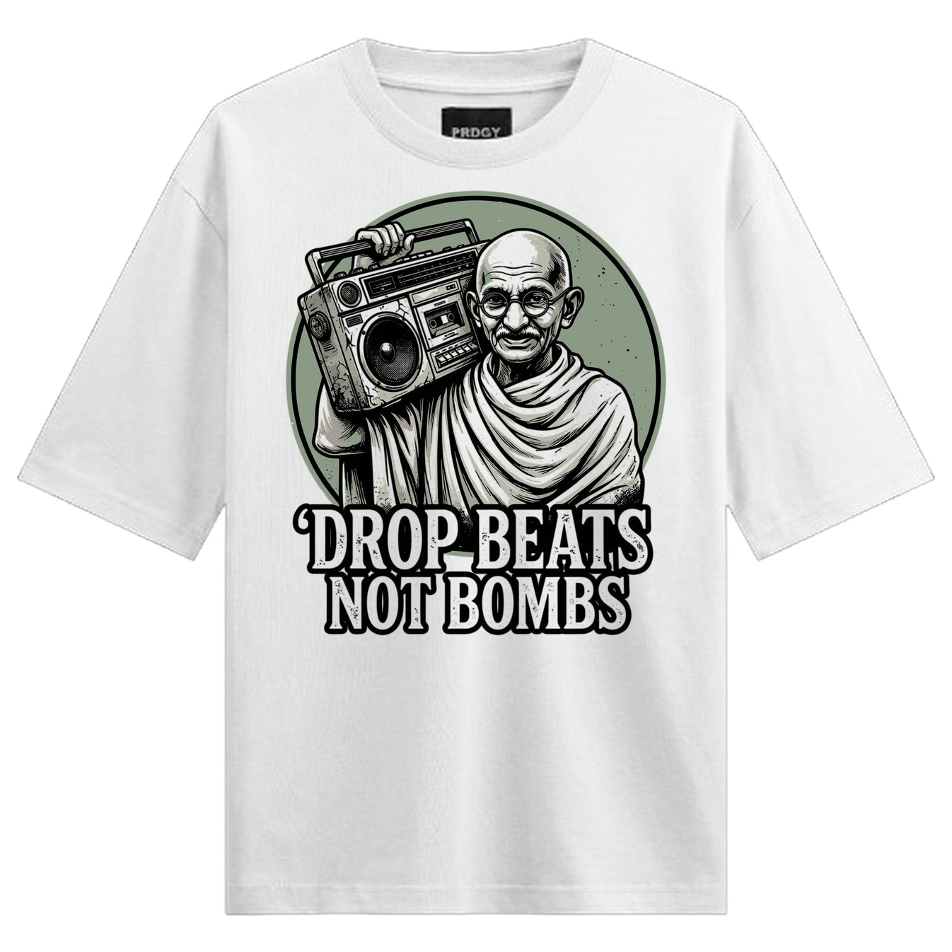 Peace Beats Oversized T-Shirt by PRDGY — Gandhi holding a boombox illustration, peace design