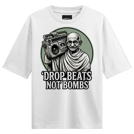 Peace Beats Oversized T-Shirt by PRDGY — Gandhi holding a boombox illustration, peace design