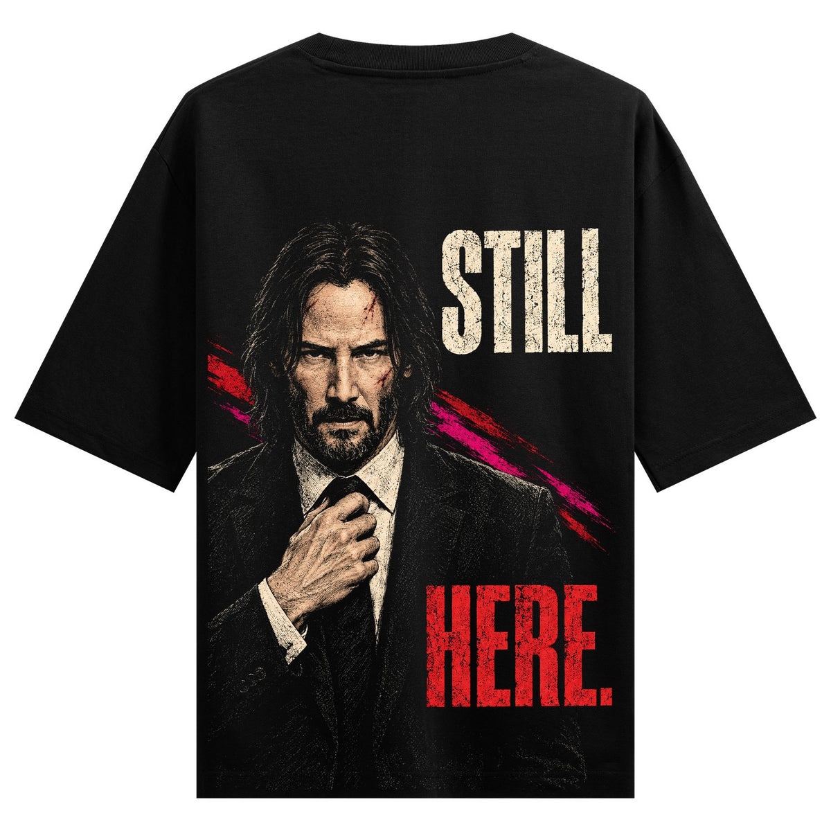 Still Here Oversized T-Shirt — a man in a dark suit with a white shirt and tie, blood streaks in red and pink