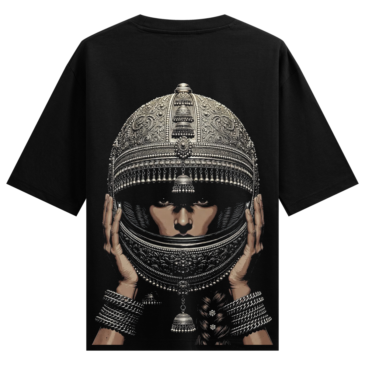 Ornate Oversized T-Shirt by PRDGY — a woman in an ornate helmet inspired by Indian jewelry, streetwear design