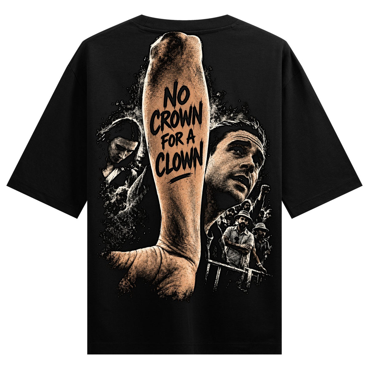 No Crown For A Clown Oversized T-Shirt — black oversized tee back mockup with a hand-drawn clown graphic and NO CROWN