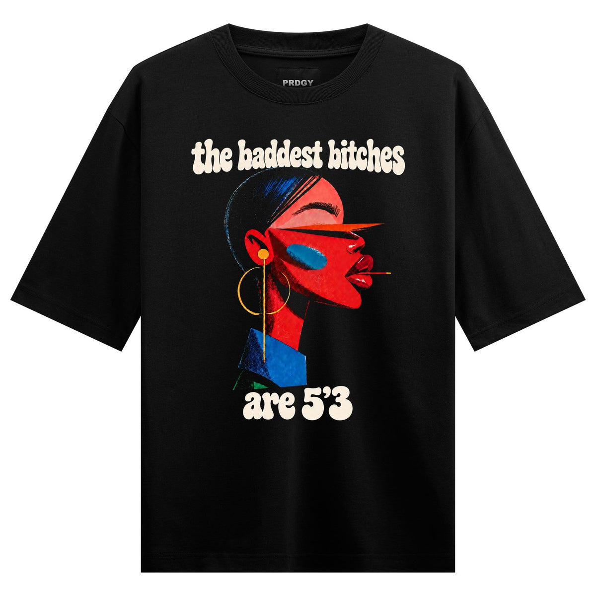 Shawty Supremacy Oversized T-Shirt by PRDGY — woman's face with red lips, blue cheek, and gold hoop earring, streetwear