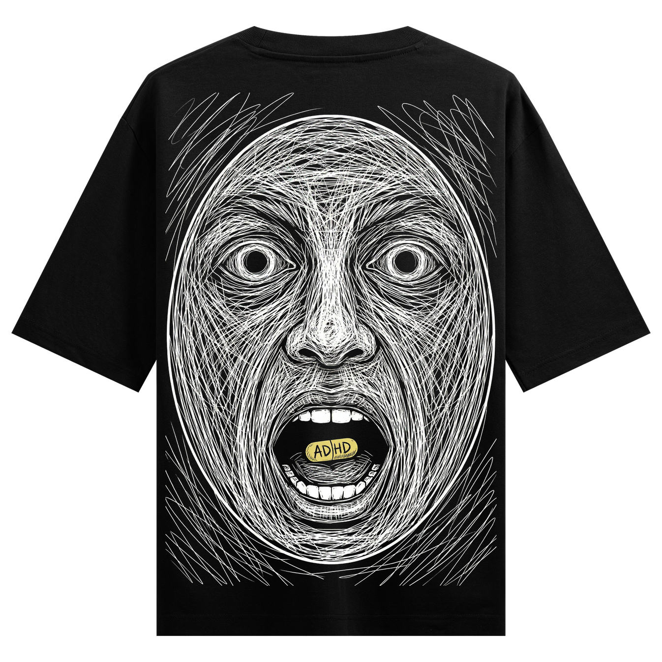 ADHD Scream Oversized T-Shirt by PRDGY — illustration of a screaming face with an ADHD pill, mental health design