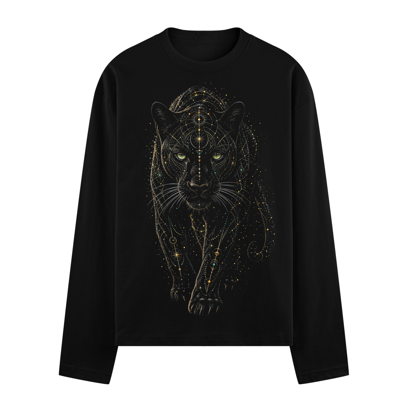 A black panther with glowing green eyes walks forward adorned with intricate gold geometric lines and scattered stardust o...