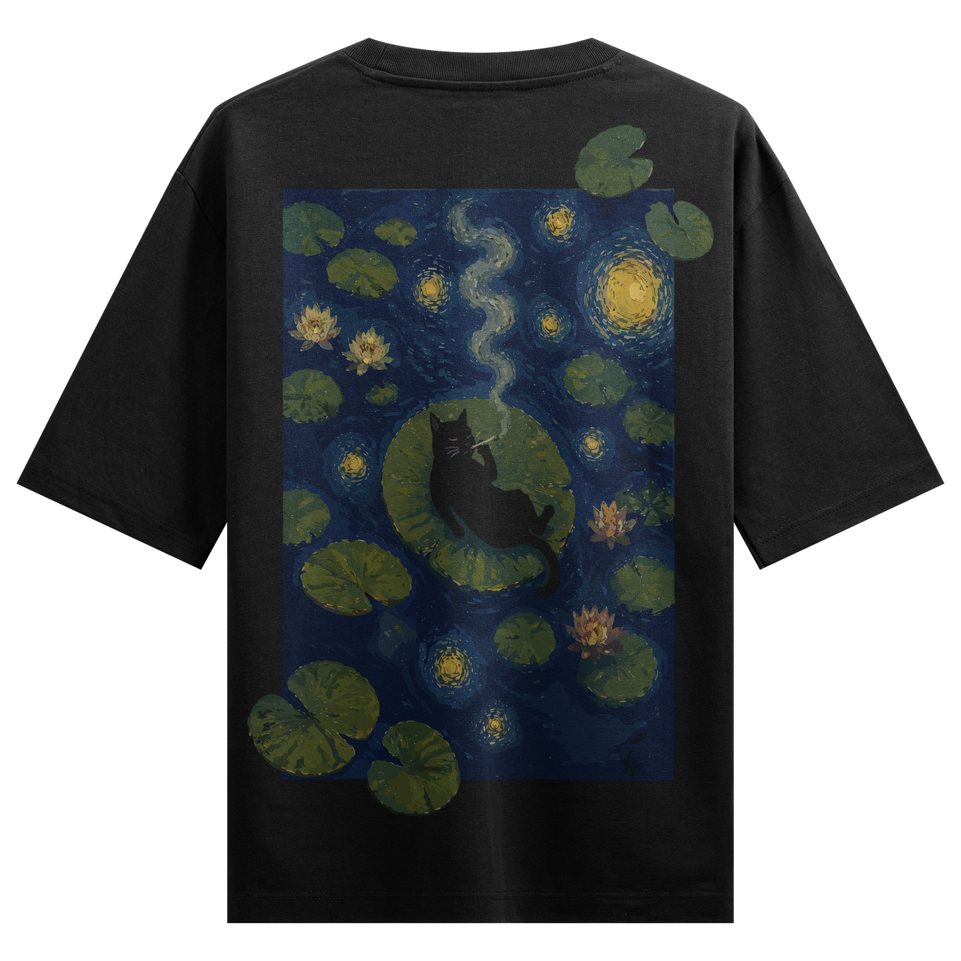 Starry Night Cat T-Shirt by PRDGY — a black cat on a lily pad under a starry night sky, aesthetic design