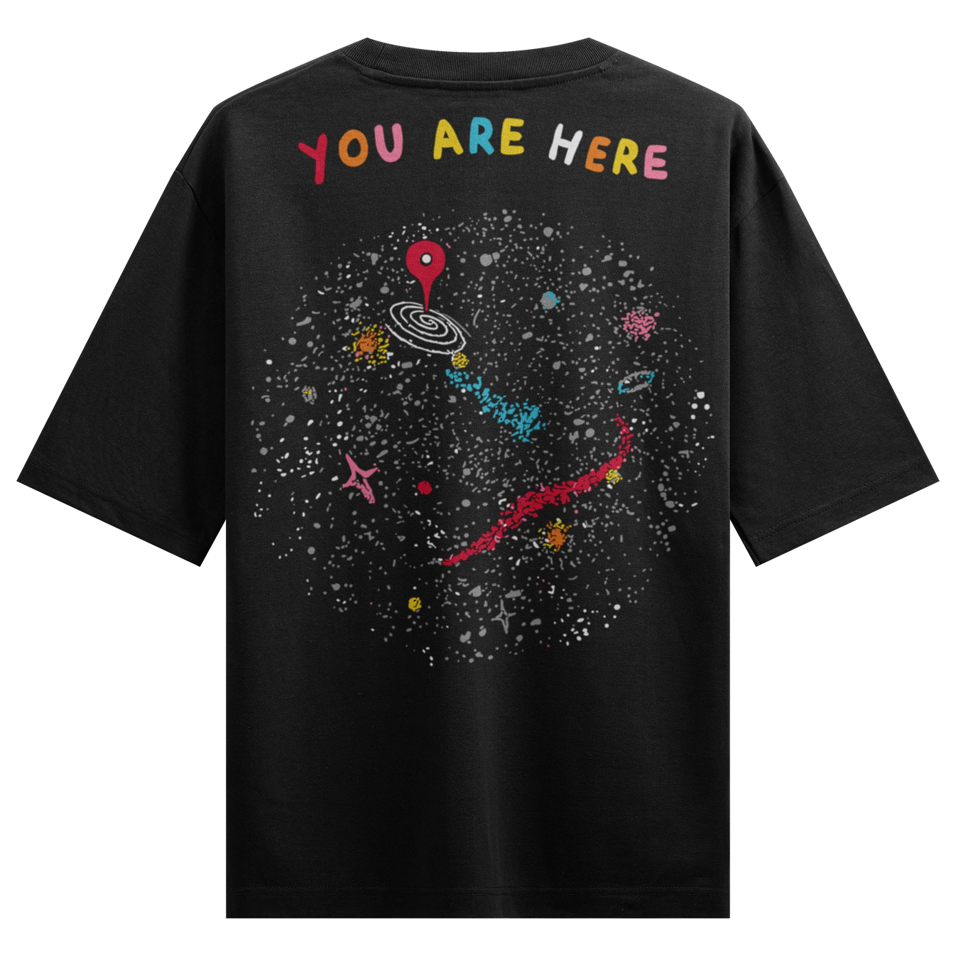YOU ARE HERE artwork on PRDGY oversized t-shirt