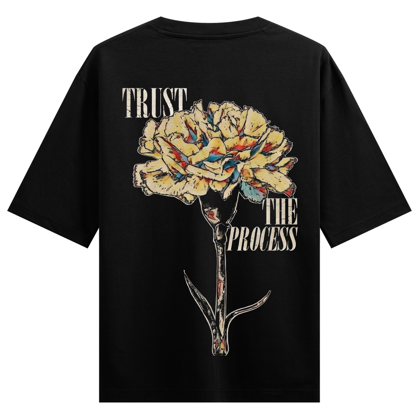 Bloom Through Pain Oversized T-Shirt by PRDGY — vintage flower design with 'Trust the Process' text, inspirational design