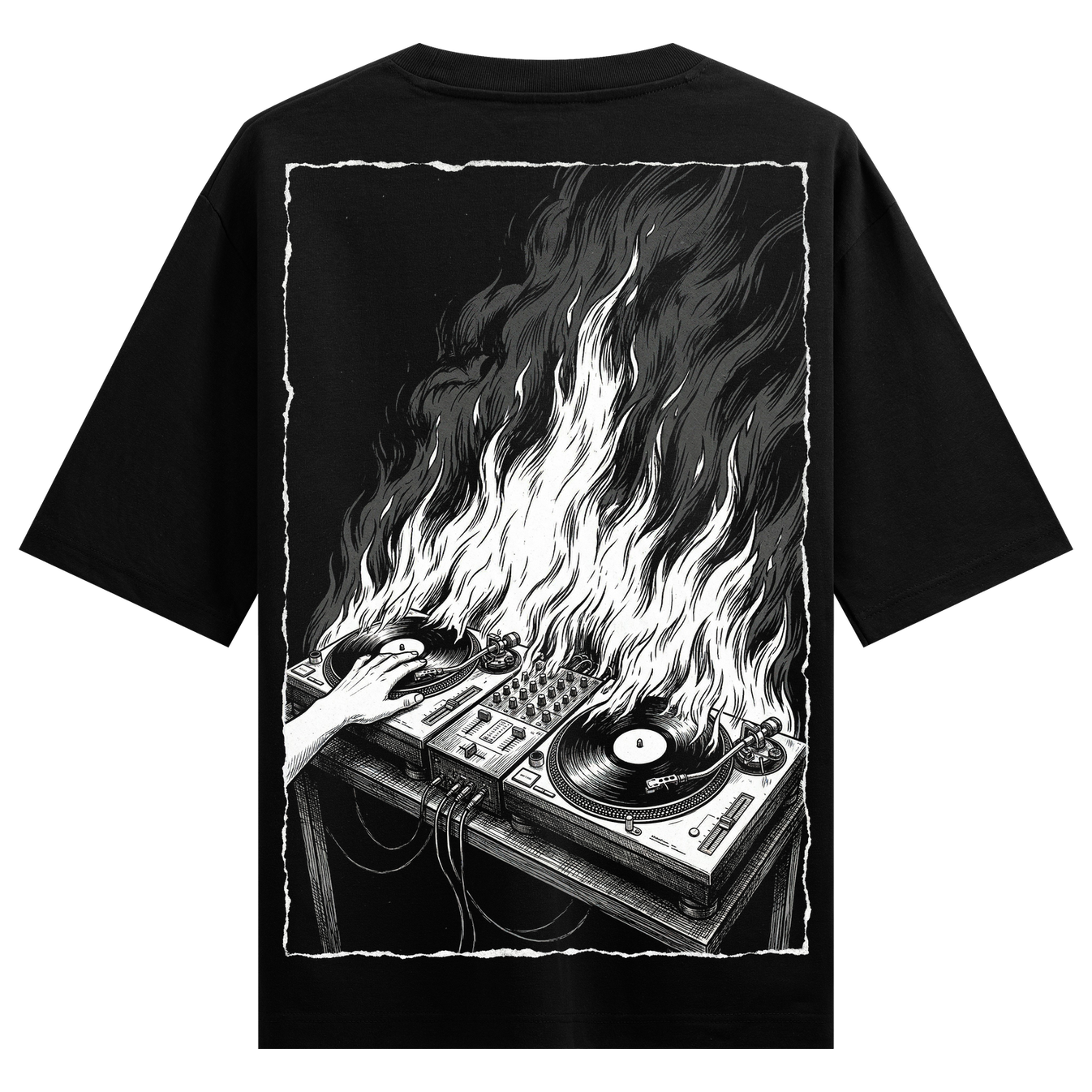 Burning Beats Oversized T-Shirt by PRDGY — fiery turntable design, streetwear design