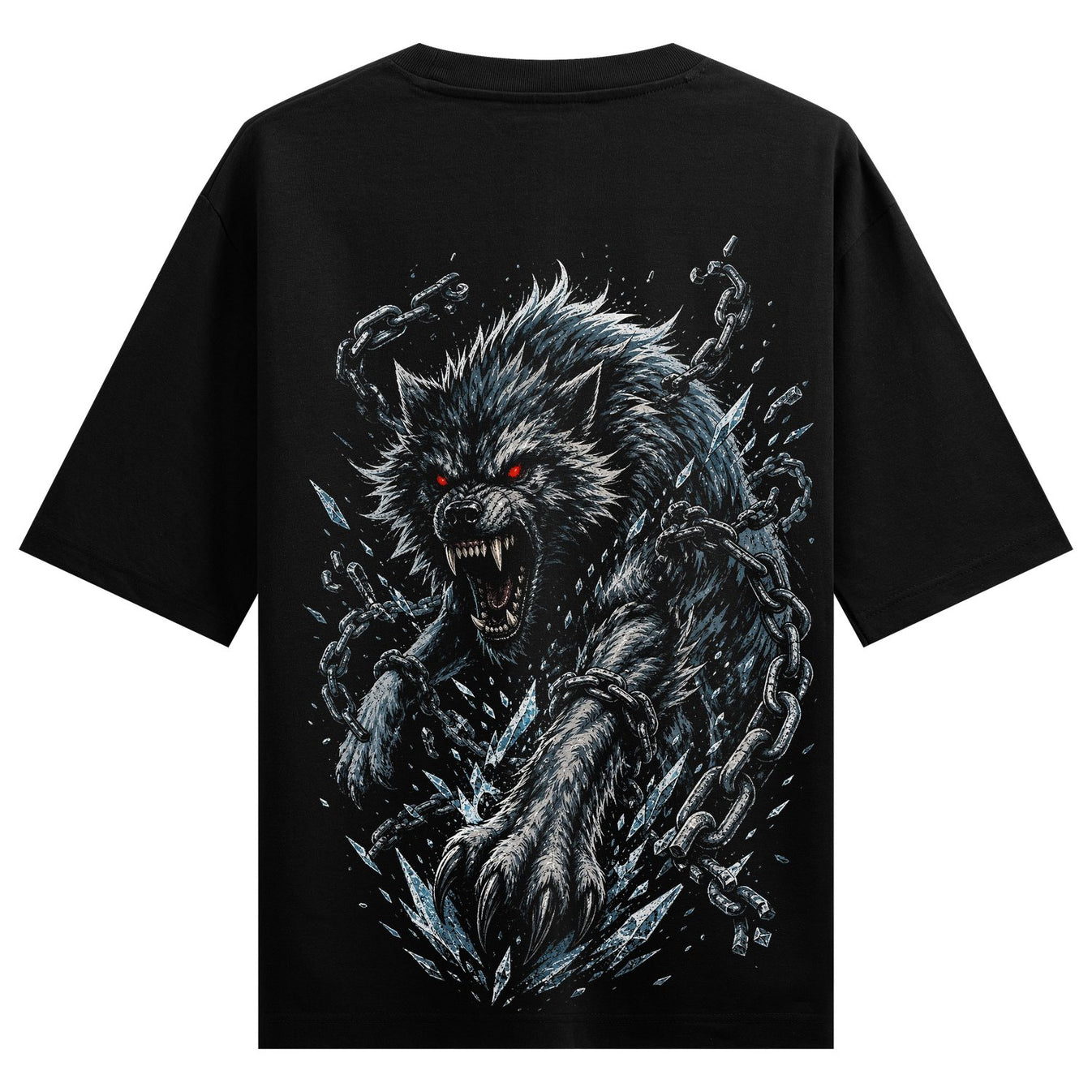 A snarling grey wolf with glowing red eyes lunges forward breaking through ice shards and heavy metal chains on PRDGY over...