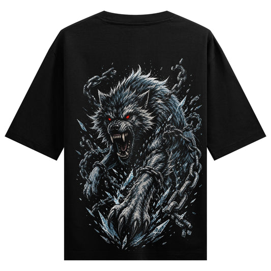 A snarling grey wolf with glowing red eyes lunges forward breaking through ice shards and heavy metal chains on PRDGY over...