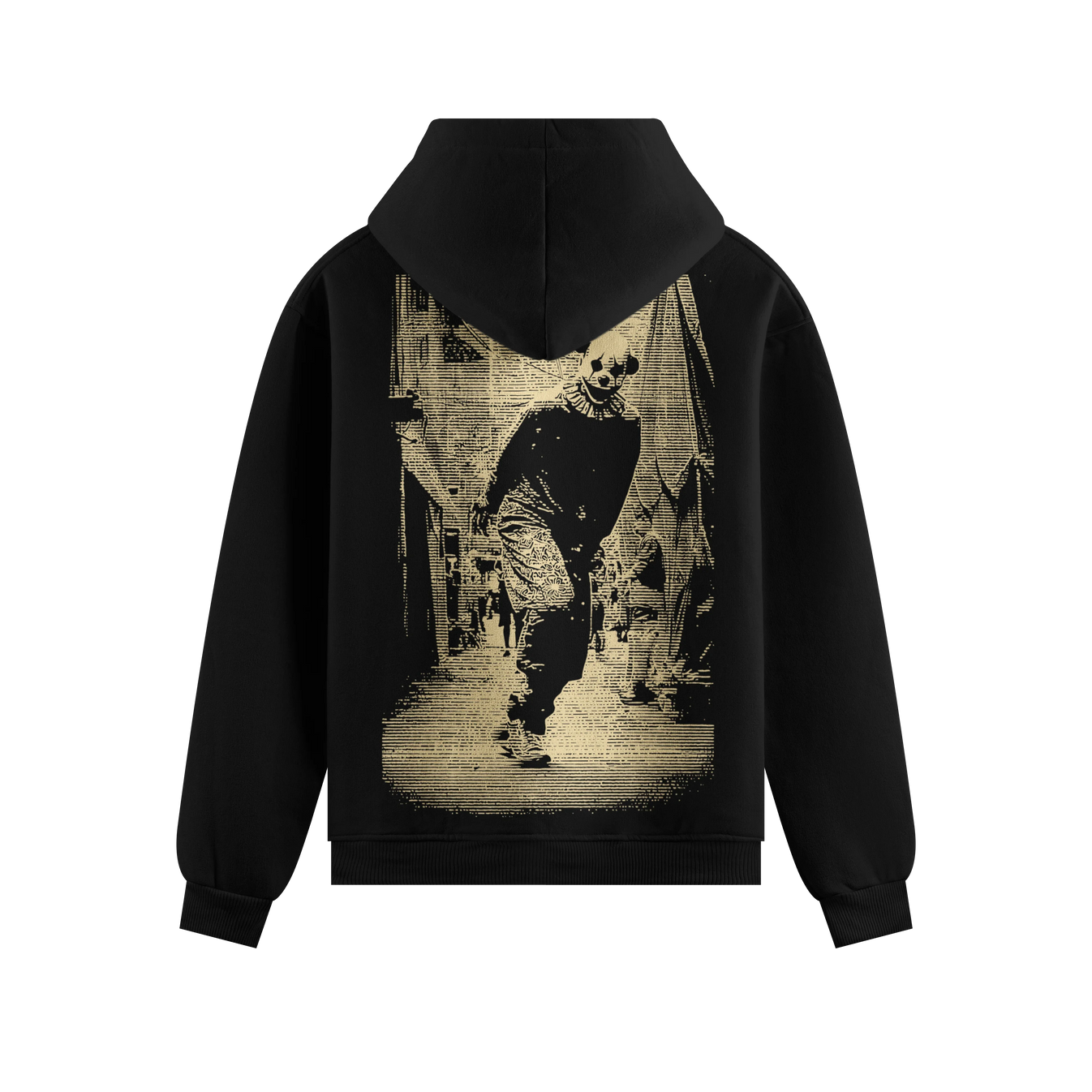 Clown artwork on PRDGY hoodie