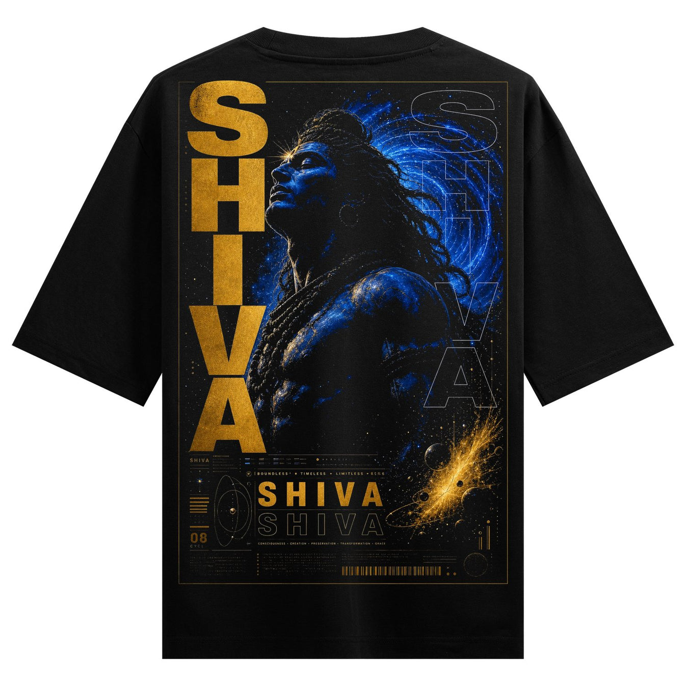 A black t-shirt back print features a blue-skinned Shiva with long dreadlocks against a vibrant blue nebula and golden gal...
