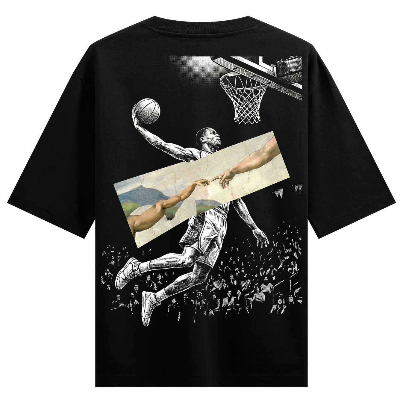Divine Dunk Oversized T-Shirt by PRDGY — striking basketball design with renaissance art elements, spiritual design