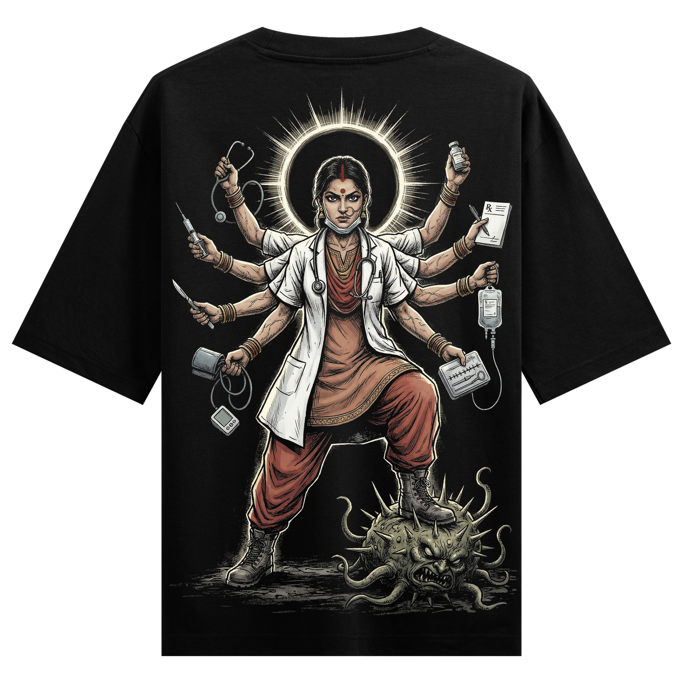 Divine Healer Oversized T-Shirt by PRDGY — multi-armed doctor illustration, spiritual design