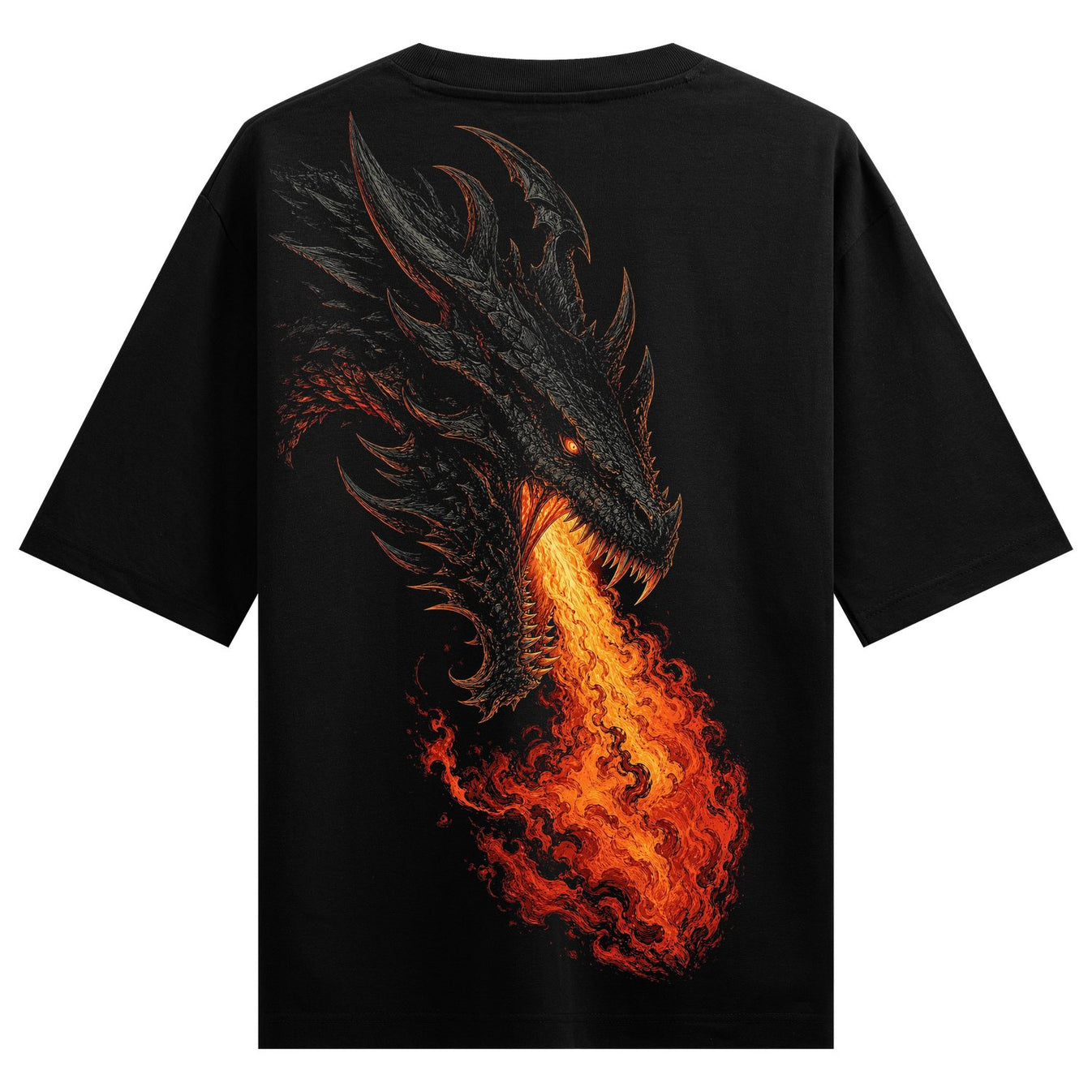 A detailed black dragon head with glowing orange eyes breathes a large plume of fiery orange and red flames on a black t-s...