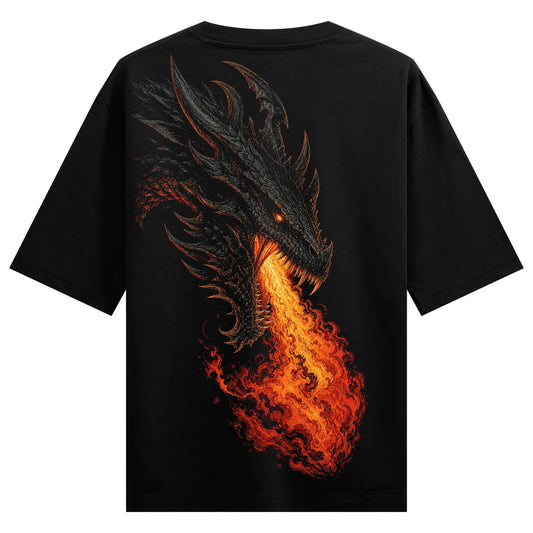 A detailed black dragon head with glowing orange eyes breathes a large plume of fiery orange and red flames on a black t-s...