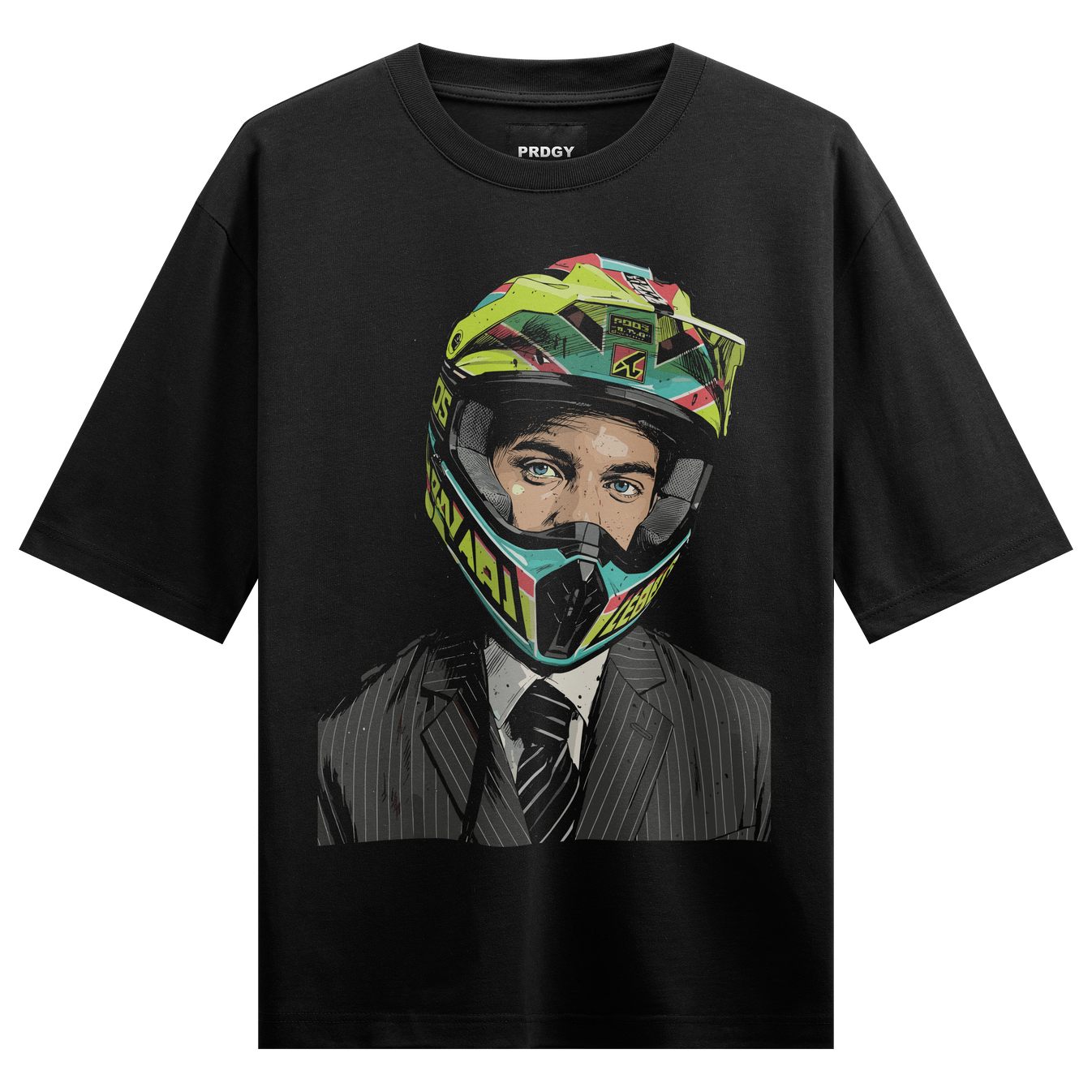 Executive Rider Oversized T-Shirt by PRDGY — vibrant motocross helmet and pinstripe suit artwork, streetwear design