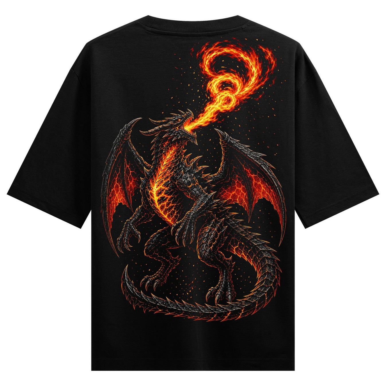A detailed black dragon with glowing orange and red scales and wings breathes a large plume of fire surrounded by small or...