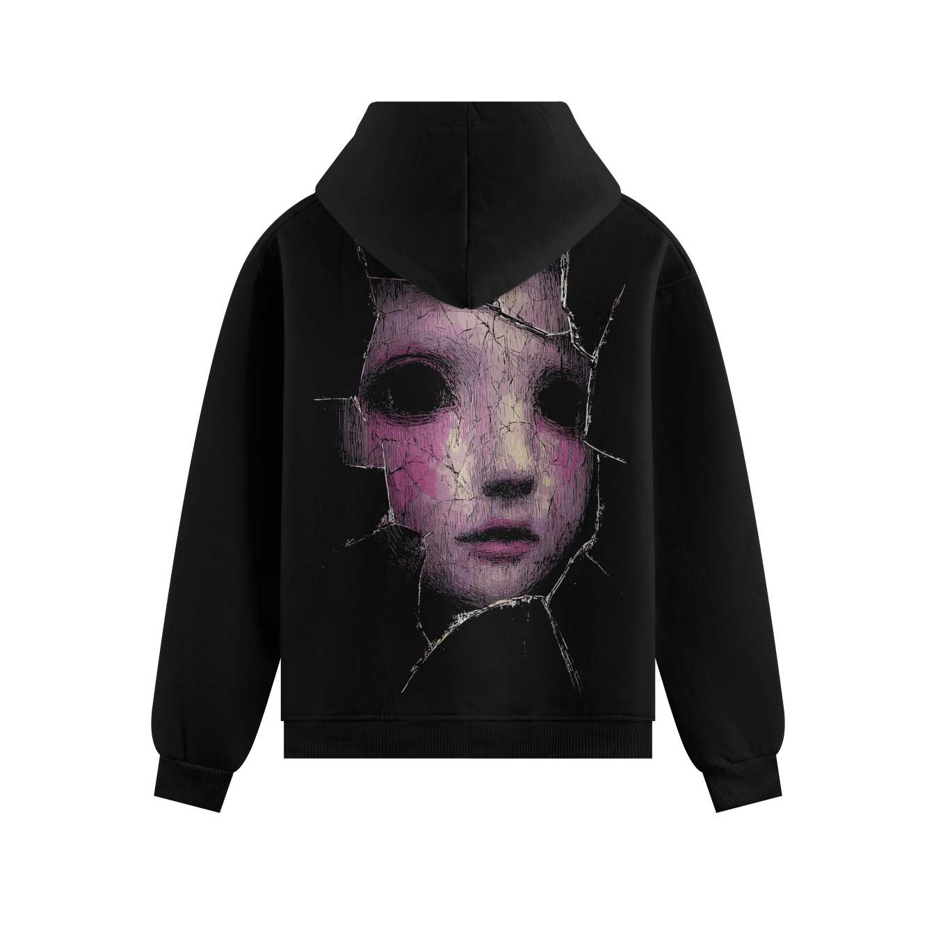 Creepy Doll Face artwork on PRDGY hoodie